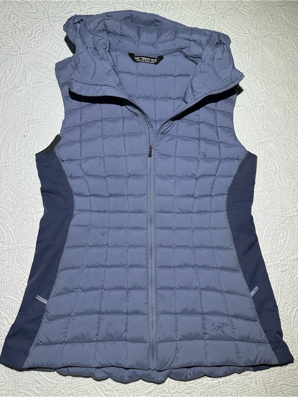 Arc'teryx Quilted Hooded Vest in Slate Blue with Navy Panels